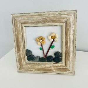 Rustic Wooden Frame with Stone Flower Art